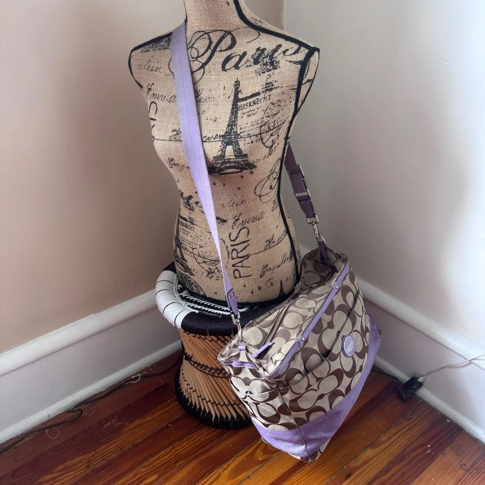 Coach Signature Brown Canvas Purple Trim Diaper Bag Tote F17443